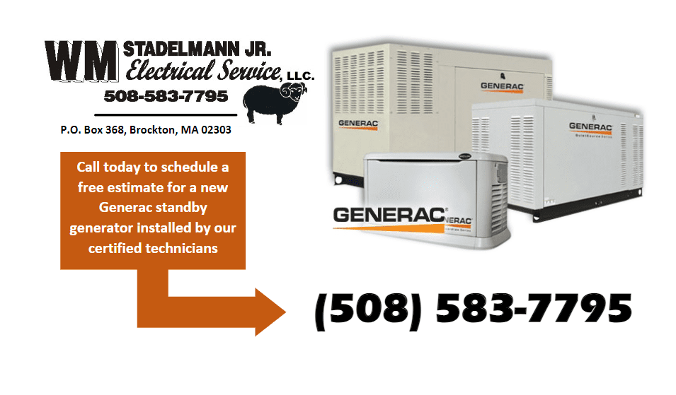 Advertisement for WM Stadelmann Jr. Electrical Service featuring images of Generac generators, contact details, and a call to action for scheduling a free estimate.